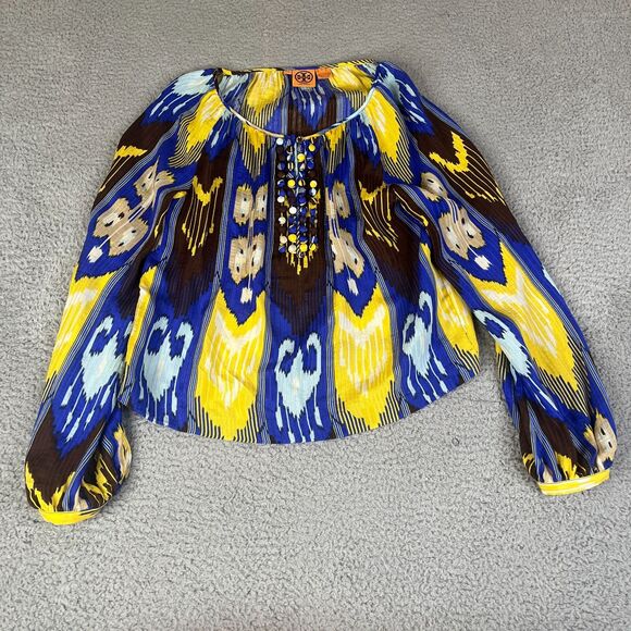 Tory Burch Silk Blouse Womens 12 Blue Yellow Brown Pullover - Main Image